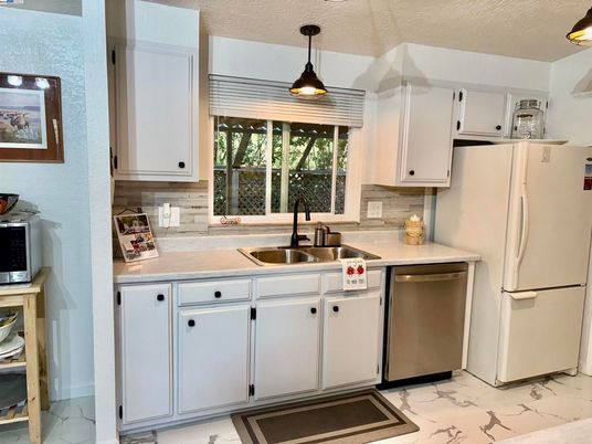 Interior, Kitchen, Marble, Pendant Lights, Stainless Steel Appliances