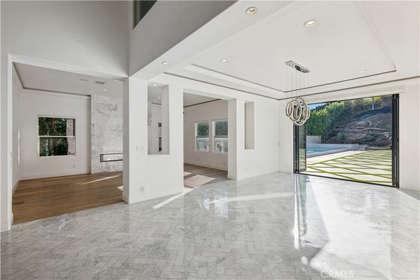 Empty room, Interior, Marble, Marble Walls, Pendant Lights, Recessed Lighting, Wood Texture Flooring
