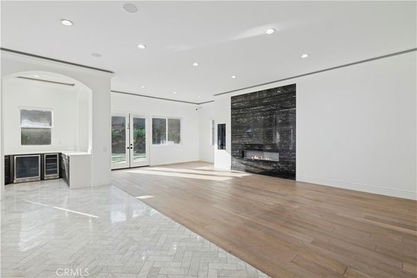 Empty room, Fireplace, Interior, Recessed Lighting, Wood Texture Flooring