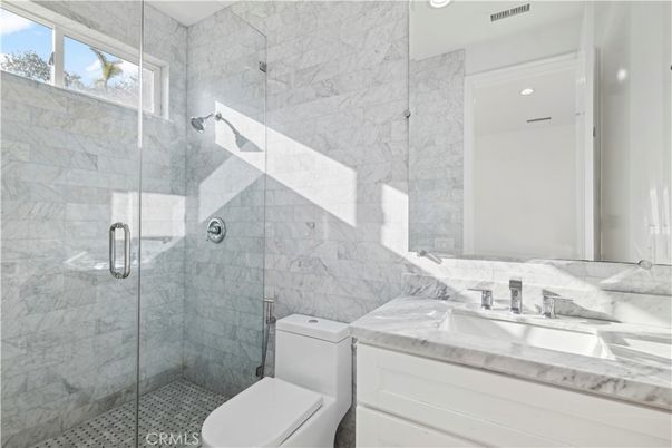 Bathroom, Glass Shower, Interior, Marble Walls, Recessed Lighting