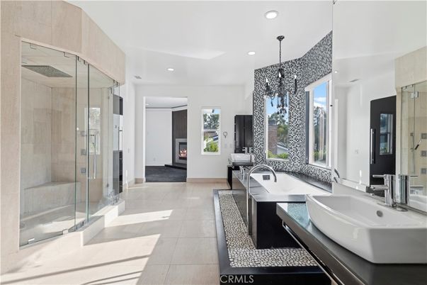Bathroom, Chandelier, Dual Sink Vanities, Fireplace, Glass Shower, Interior, Recessed Lighting