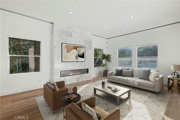Fireplace, Interior, Living room, Recessed Lighting, Wood Texture Flooring