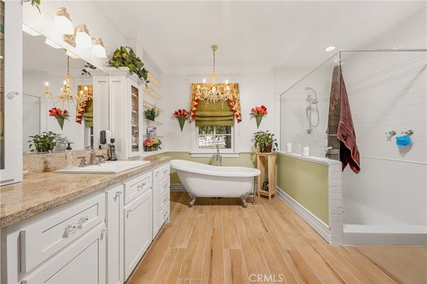 Bathroom, Chandelier, Dual Sink Vanities, Free Standing Baths, Interior, Recessed Lighting, Wood Texture Flooring