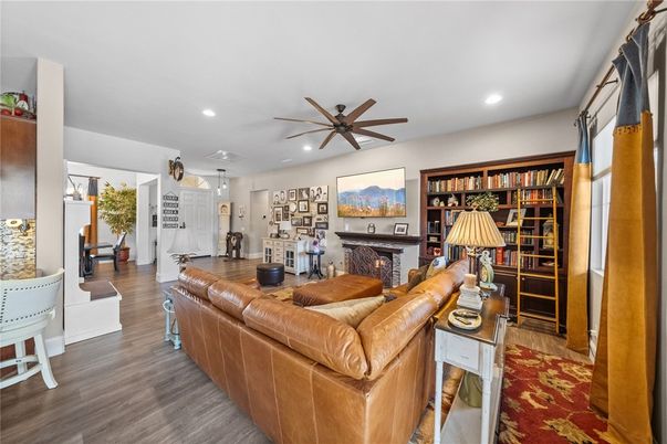 Fireplace, Interior, Living room, Recessed Lighting, Wood Texture Flooring