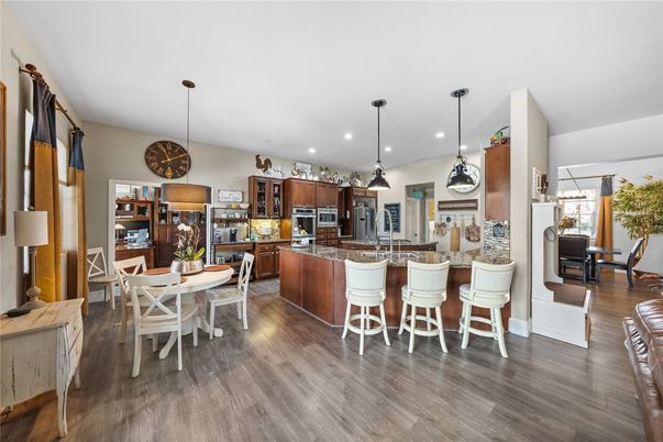 Dining room, Interior, Kitchen, Pendant Lights, Recessed Lighting, Wood Texture Flooring