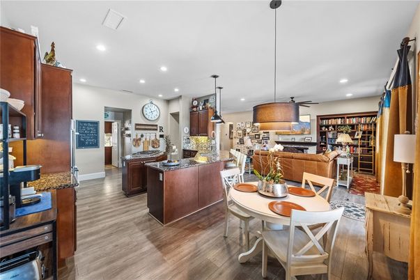 Dining room, Interior, Kitchen, Living room, Pendant Lights, Recessed Lighting, Wood Texture Flooring