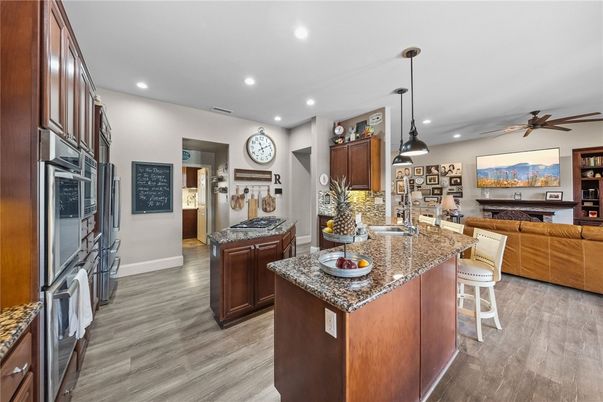 Interior, Kitchen, Pendant Lights, Recessed Lighting, Wood Texture Flooring