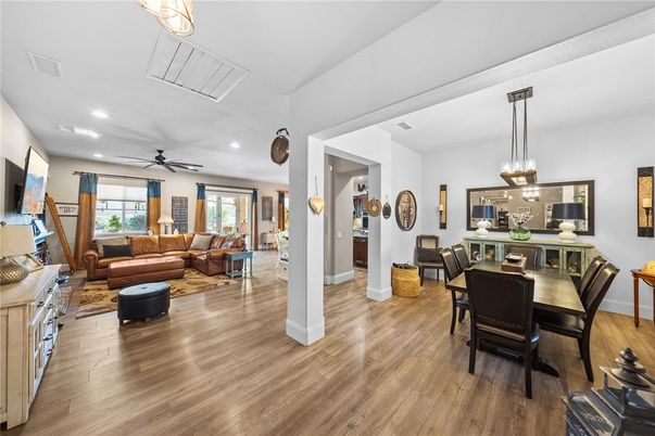 Dining room, Interior, Living room, Pendant Lights, Recessed Lighting, Wood Texture Flooring