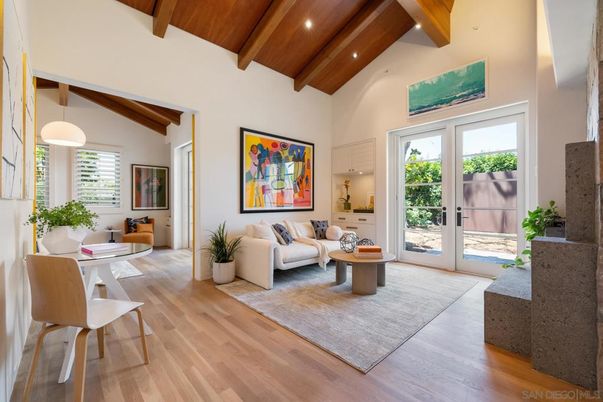Dining room, Interior, Living room, Pendant Lights, Recessed Lighting, Wooden Beams, Wooden Ceilings, Wood Texture Flooring