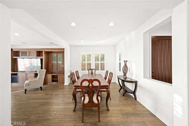 Dining room, Interior, Recessed Lighting, Wood Texture Flooring