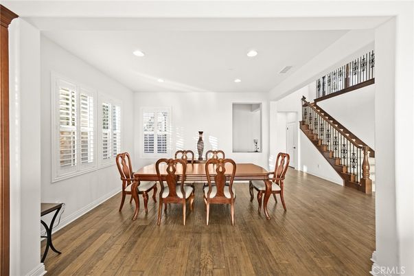 Dining room, Interior, Recessed Lighting, Wood Texture Flooring