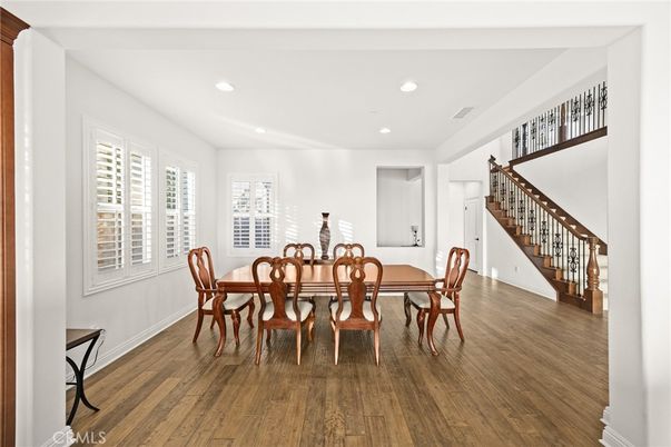 Dining room, Interior, Recessed Lighting, Wood Texture Flooring