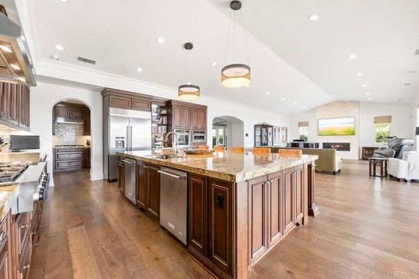 Fireplace, Interior, Kitchen, Living room, Pendant Lights, Recessed Lighting, Stainless Steel Appliances, Wood Texture Flooring