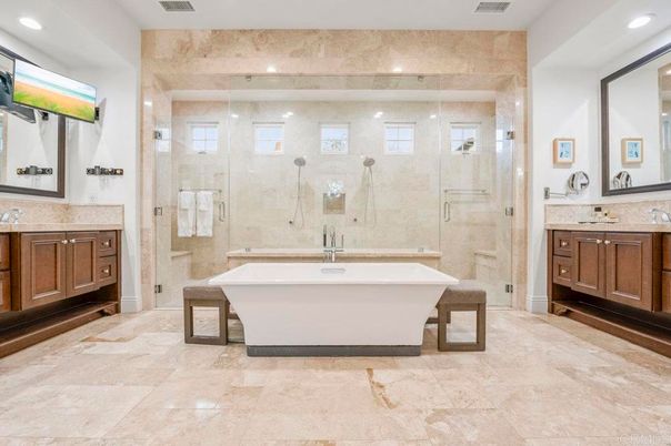 Bathroom, Dual Sink Vanities, Free Standing Baths, Glass Shower, Interior, Recessed Lighting