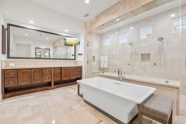 Bathroom, Dual Sink Vanities, Free Standing Baths, Glass Shower, Interior, Recessed Lighting