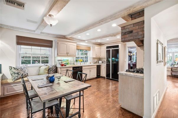 Dining room, Interior, Kitchen, Recessed Lighting, Stainless Steel Appliances, Wooden Beams, Wood Texture Flooring