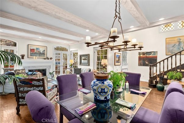 Chandelier, Dining room, Fireplace, Interior, Living room, Pendant Lights, Recessed Lighting, Wooden Beams, Wood Texture Flooring