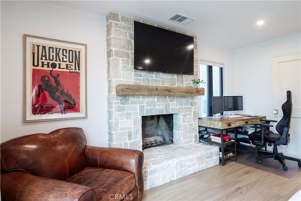 Fireplace, Home Office, Interior, Recessed Lighting, Wood Texture Flooring