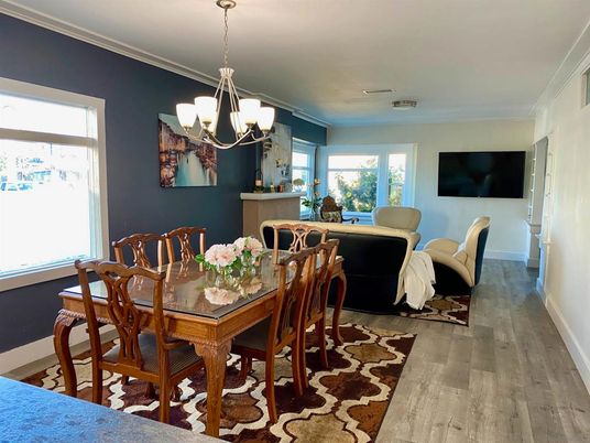 Chandelier, Dining room, Interior, Wood Texture Flooring
