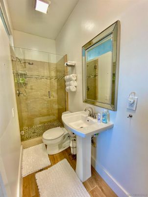 Bathroom, Glass Shower, Interior, Wood Texture Flooring
