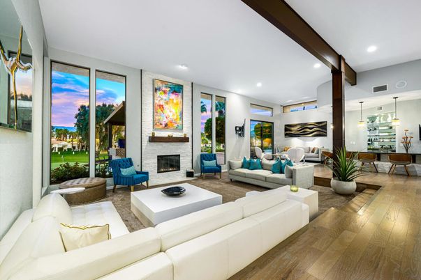 Dining room, Fireplace, Interior, Living room, Pendant Lights, Recessed Lighting, Wood Texture Flooring