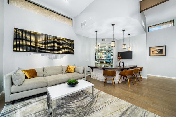 Dining room, Interior, Living room, Pendant Lights, Recessed Lighting, Wood Texture Flooring