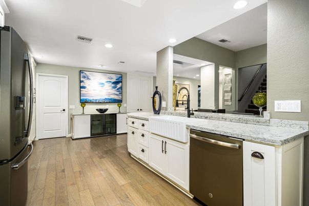 Interior, Kitchen, Recessed Lighting, Stainless Steel Appliances, Wood Texture Flooring