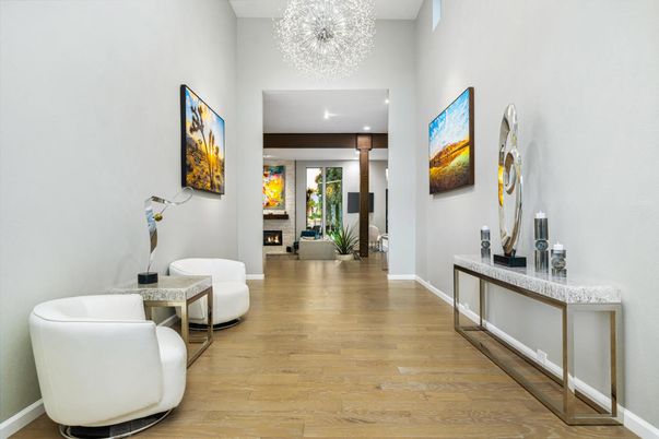 Fireplace, Interior, Pendant Lights, Recessed Lighting, Wood Texture Flooring