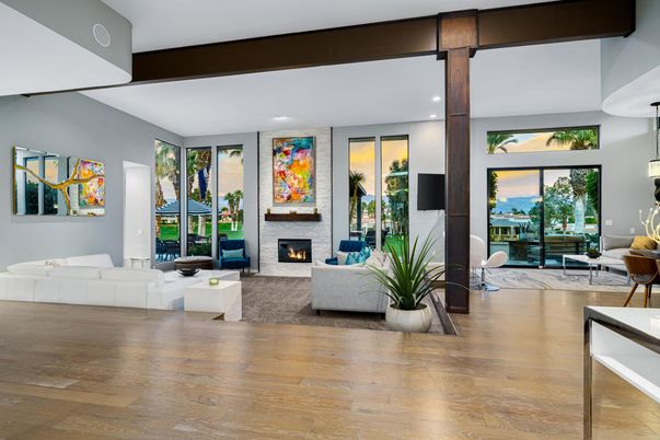 Fireplace, Interior, Living room, Pendant Lights, Recessed Lighting, Wooden Beams, Wood Texture Flooring