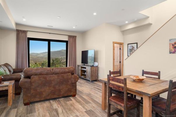 Dining room, Interior, Living room, Recessed Lighting, Wood Texture Flooring