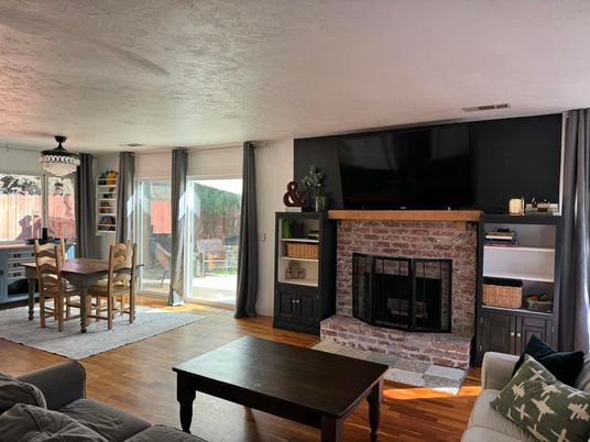 Dining room, Fireplace, Interior, Living room, Wood Texture Flooring