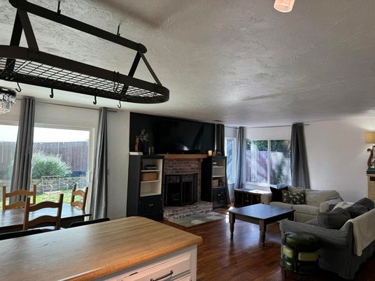 Dining room, Fireplace, Interior, Living room, Wood Texture Flooring