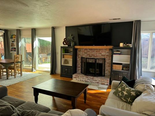 Dining room, Fireplace, Interior, Living room, Wood Texture Flooring