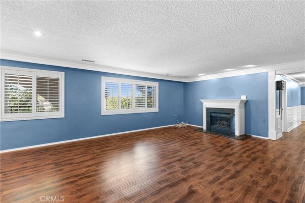 Empty room, Fireplace, Interior, Recessed Lighting, Wood Texture Flooring