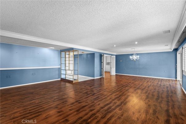 Chandelier, Empty room, Interior, Recessed Lighting, Wood Texture Flooring