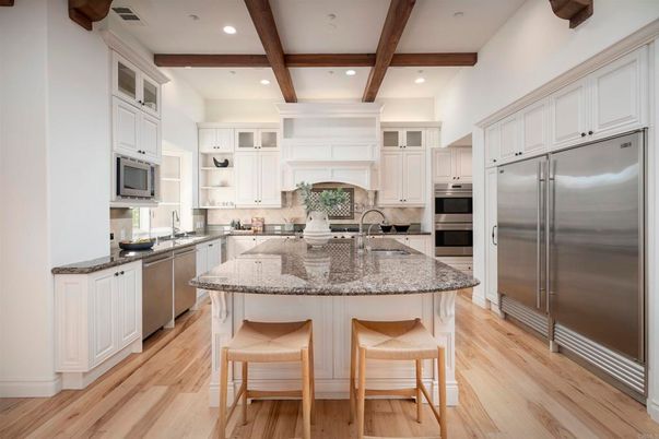 Interior, Kitchen, Recessed Lighting, Stainless Steel Appliances, Wooden Beams, Wood Texture Flooring