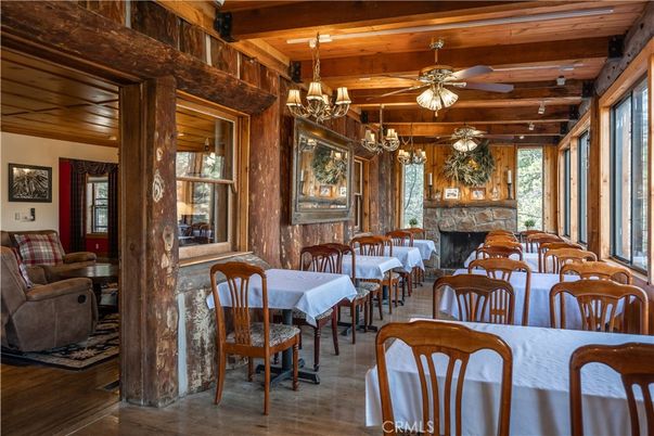 Chandelier, Dining room, Fireplace, Interior, Wooden Beams, Wooden Ceilings, Wood Texture Flooring