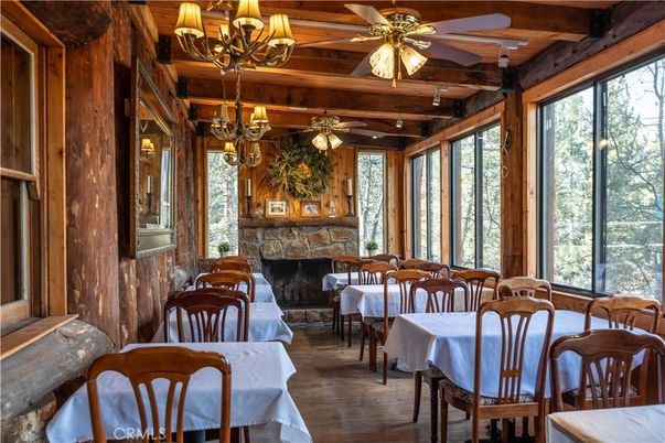 Chandelier, Dining room, Fireplace, Interior, Wooden Beams, Wooden Ceilings, Wood Texture Flooring
