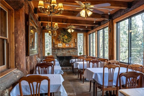 Chandelier, Dining room, Fireplace, Interior, Wooden Beams, Wooden Ceilings, Wood Texture Flooring