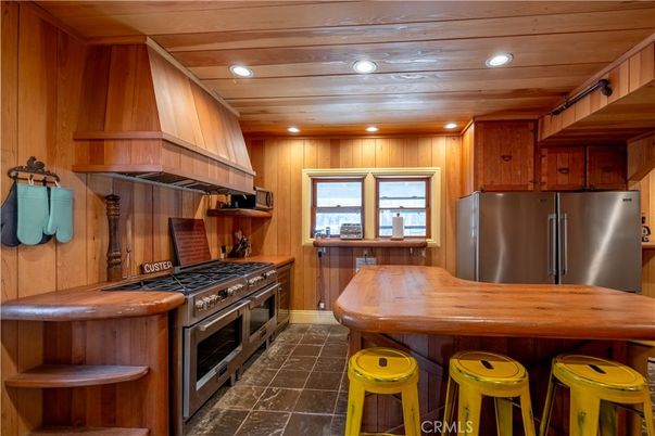 Interior, Kitchen, Recessed Lighting, Stainless Steel Appliances, Wooden Ceilings, Wooden Walls