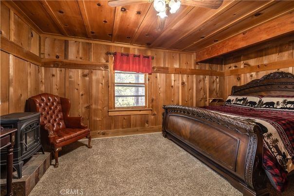 Bedroom, Fireplace, Interior, Recessed Lighting, Wooden Beams, Wooden Ceilings, Wooden Walls