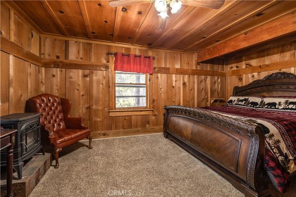 Bedroom, Fireplace, Interior, Recessed Lighting, Wooden Beams, Wooden Ceilings, Wooden Walls