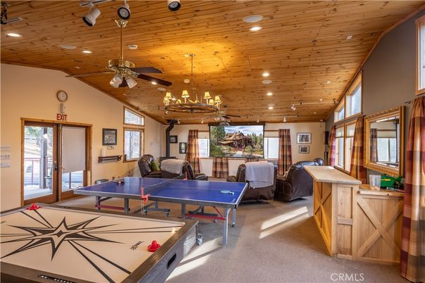 Billiard Table, Chandelier, Game Room, Interior, Recessed Lighting, Wooden Ceilings