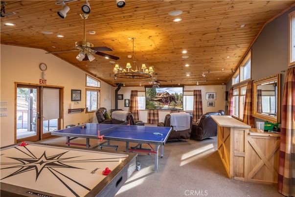 Billiard Table, Chandelier, Game Room, Interior, Recessed Lighting, Wooden Ceilings