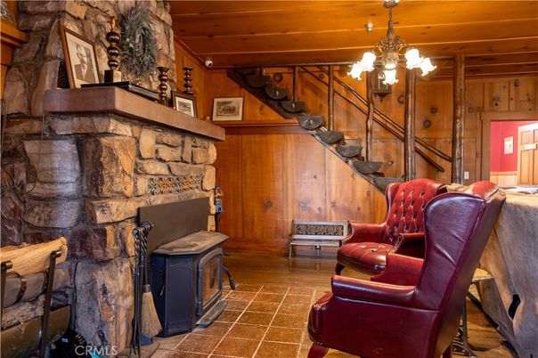 Chandelier, Fireplace, Interior, Stone Walls, Wooden Ceilings, Wood Texture Flooring, Wooden Walls
