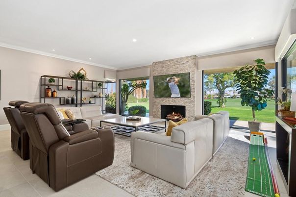 Fireplace, Interior, Living room, Recessed Lighting, Stone Walls
