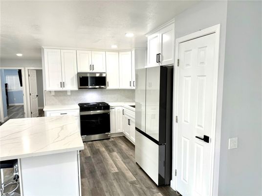 Interior, Kitchen, Recessed Lighting, Stainless Steel Appliances, Wood Texture Flooring