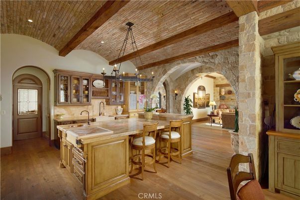 Interior, Kitchen, Pendant Lights, Recessed Lighting, Stone Walls, Wooden Beams, Wooden Ceilings, Wood Texture Flooring