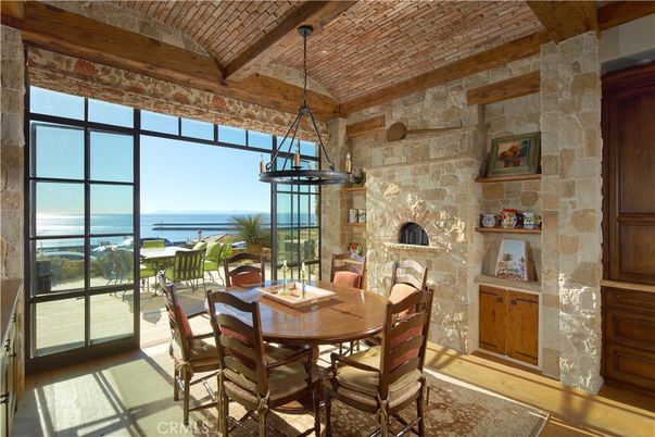 Dining room, Interior, Pendant Lights, Stone Walls, Water, Wooden Beams, Wooden Ceilings, Wood Texture Flooring