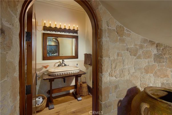 Bathroom, Interior, Stone Walls, Wood Texture Flooring